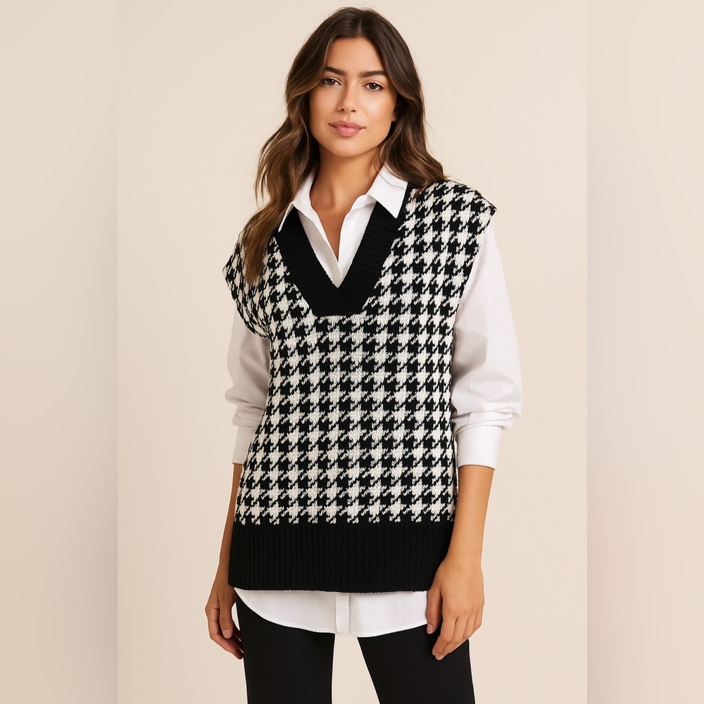 Classic Black and White V-Neck Sweater with Houndstooth Pattern 🖤🤍🖤
